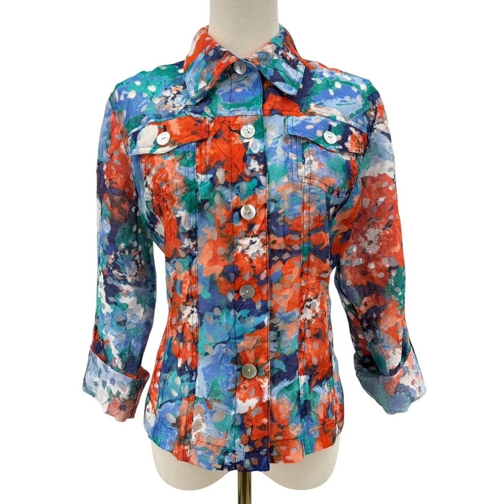 Ruby Rd Favorites Women's Sheer Floral Jacket Size 8 Lightweight Roll Tab Summer